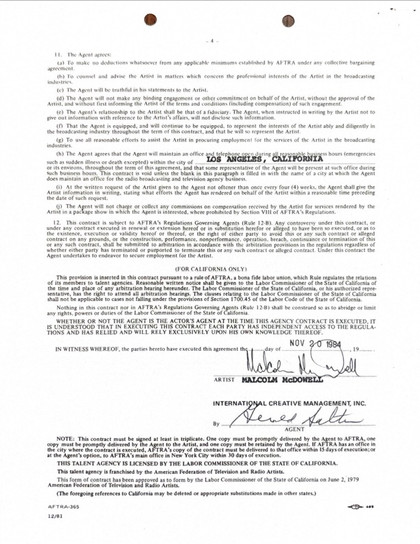 Malcolm McDowell Hand-Signed ICM Agency Contract