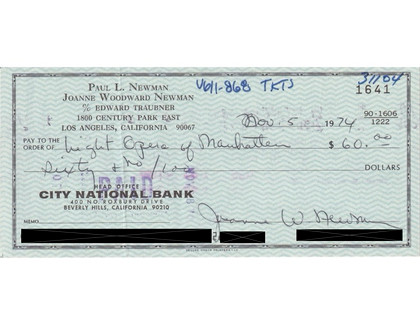 Paul Newman & Joanne Woodward Newman Joint Account Personal Banking Ledger Check