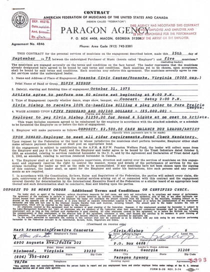 Elvin Bishop Hand-Signed American Federation of Musicians Executive Performance Contract
