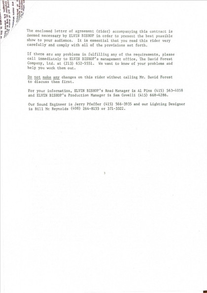 Elvin Bishop Hand-Signed American Federation of Musicians Executive Performance Contract