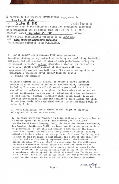 Elvin Bishop Hand-Signed American Federation of Musicians Executive Performance Contract
