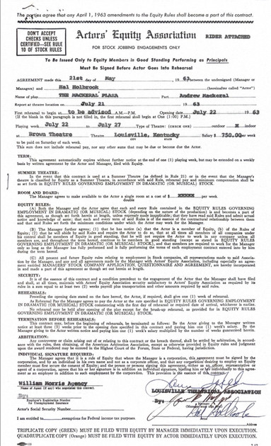 Hal Holbrook Dual-Signed Actors’ Equity Stock Jobbing Contract