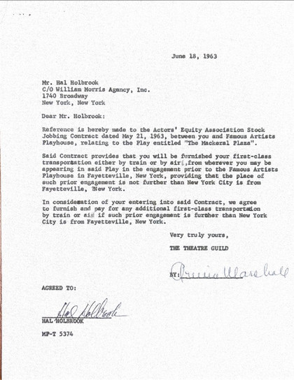 Hal Holbrook Dual-Signed Actors’ Equity Stock Jobbing Contract