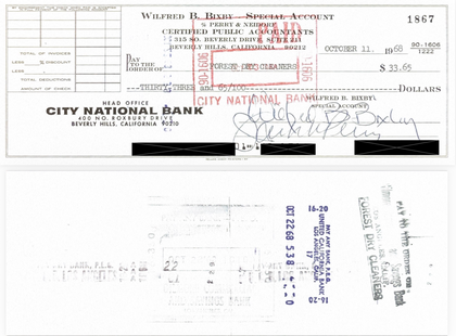 Bill Bixby Hand-Signed Personal Special Account Banking Ledger Check