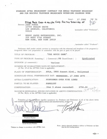 Jane Fonda Hand-Signed Standard AFTRA Engagement Contract