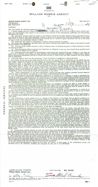 Mel Brooks Hand-Signed William Morris Agency Management Contract
