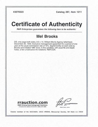 Mel Brooks Hand-Signed William Morris Agency Management Contract
