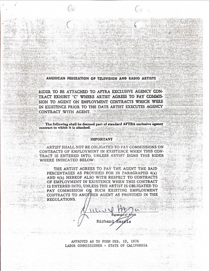 Richard Harris Hand-Signed Agency Contract