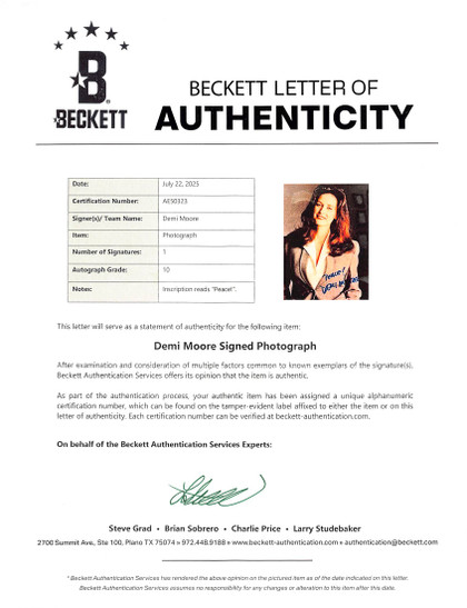 Demi Moore A Few Good Men "Peace!" Signed 8x10 Photo Auto Grade 10! BAS #AE50323