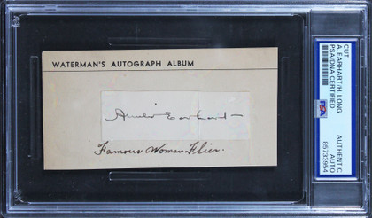 Amelia Earhart & Huey Long Authentic Signed 1x2.85 Cut Signature BAS Slabbed