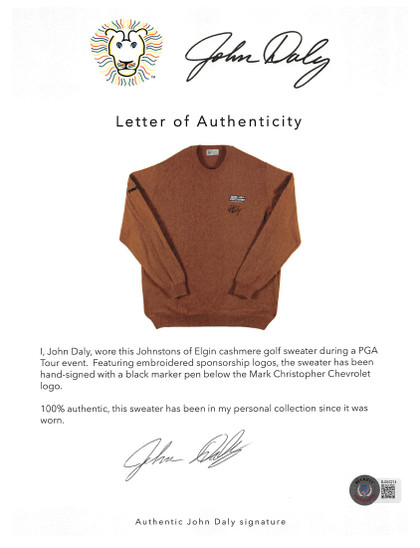 John Daly Signed Match Worn Brown Johnstons of Elgin Cashmere Sweater BAS