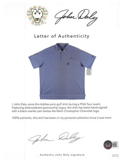 John Daly Authentic Signed Match Worn Purple Adidas Polo Shirt BAS #BH00362
