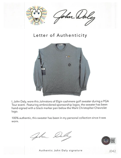 John Daly Signed Match Worn Light Blue Johnstons of Elgin Cashmere Sweater BAS
