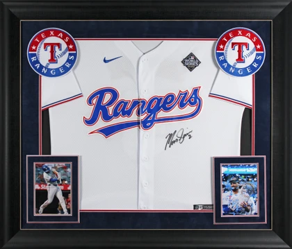 Rangers Marcus Semien Signed White Nike Framed Jersey w/ 2023 WS Patch BAS Wit
