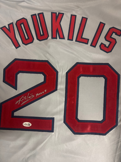 Kevin Youkilis Signed Yooouk Inscription Boston White Baseball Jersey (JSA)