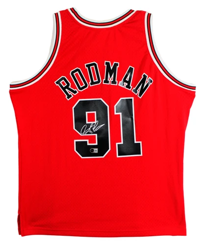 Bulls Dennis Rodman Signed Red Mitchell & Ness HWC Swingman Jersey BAS Witnessed