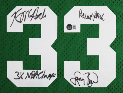 Celtics (3) Bird, Parish & McHale Signed Green M&N Swingman Framed Jersey BAS W