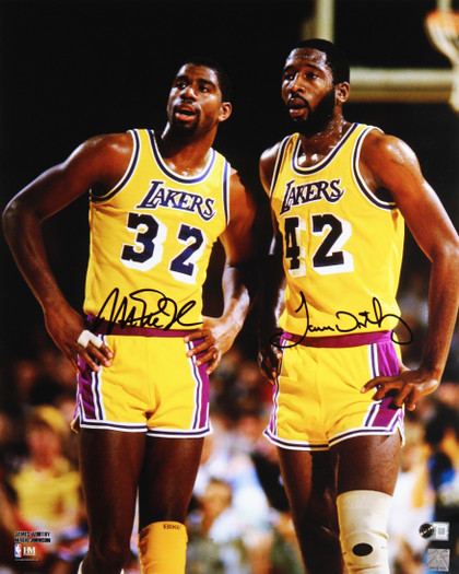 Lakers Magic Johnson & James Worthy Signed 16x20 Vertical Photo BAS Witnessed