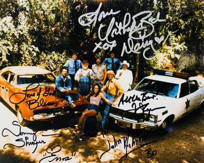 Catherine Bach, Tom Wopat, John Schneider, Sonny Shroyer Dukes of Hazzard Signed 8x10 Photo JSA