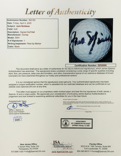 Jack Nicklaus Signed Dunlop DDH Golfball JSA