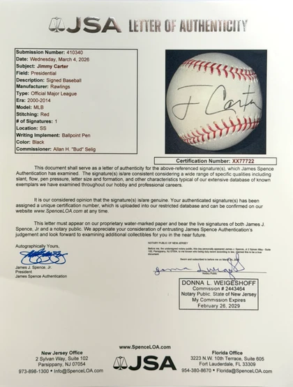 Jimmy Carter Signed Rawlings Official MLB Baseball JSA
