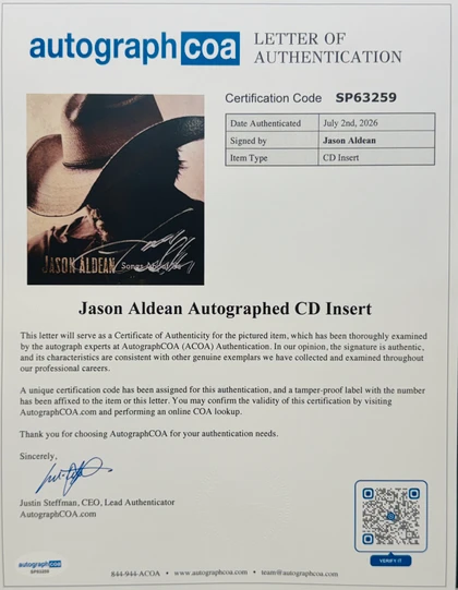 Jason Aldean Signed "Songs About Us" CD Insert w/ Double LP & CD ACOA