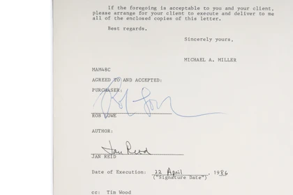 Dual-Signed Legal Contract Page: Rob Lowe and Jan Reid (1986 Legal Agreement)