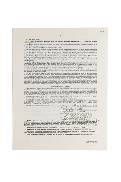 Kevin Bacon Hand-Signed AFTRA Exclusive Agency Contract