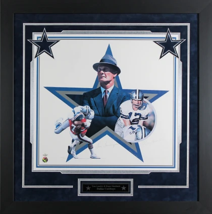 Cowboys Roger Staubach & Tom Landry Signed & Framed 17x18 Litho LE #222/750 BAS