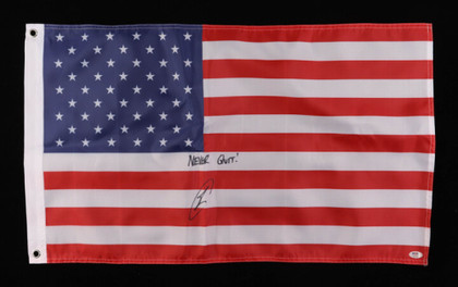 Signed 18x30 American Flag Inscribed "Never Quit!"