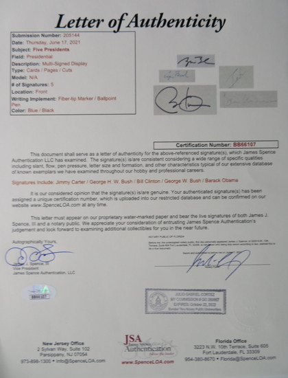 Five Presidents Signed Framed Display