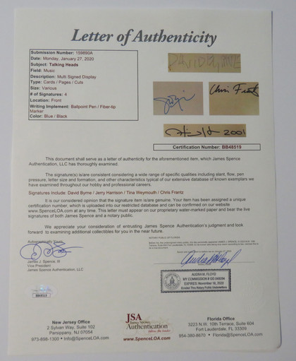 Talking Heads Signed Matted Display