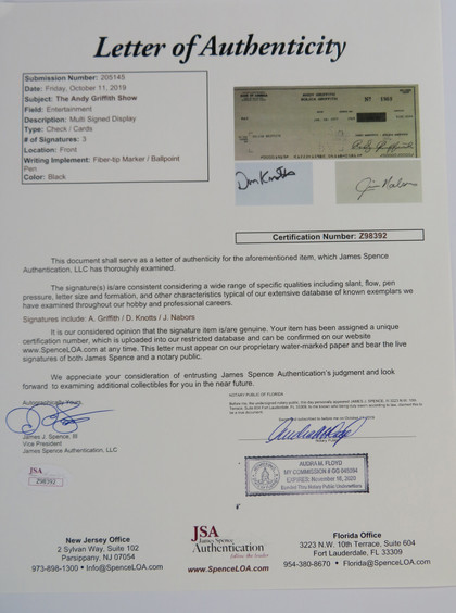 The Andy Griffith Show Cast Signed Matted Display