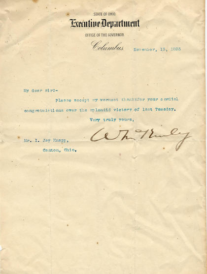 William McKinley Ohio "Executive Department" Stationery