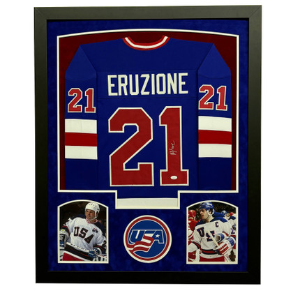 Mike Eruzione Signed USA Blue Custom Suede Matte Framed Jersey