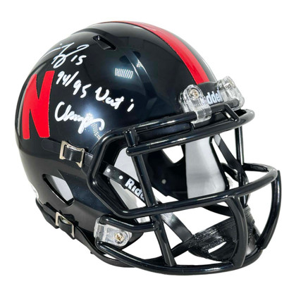 Tommie Frazier Signed 94/95 National Champs Inscribed Nebraska Cornhuskers Speed Mini Football Helmet (Beckett)