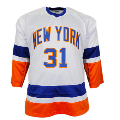 Billy Smith Signed HOF 93 Inscription New York White Hockey Jersey (JSA)