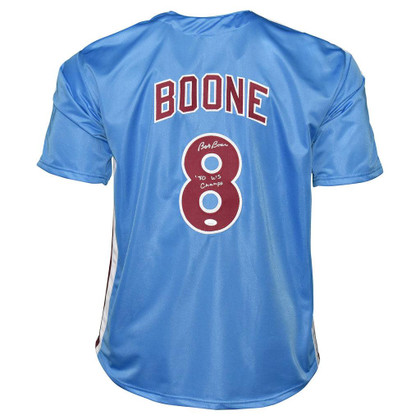Bob Boone Signed 80 WS Champs Inscription Philadelphia Blue Baseball Jersey (JSA)