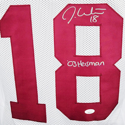 Jason White Signed 03 Heisman Inscription Oklahoma College White Football Jersey (JSA)