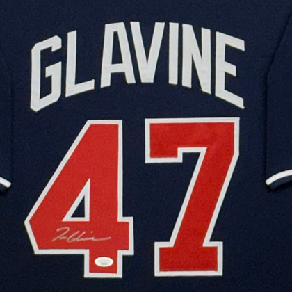 Tom Glavine Signed Atlanta Navy Custom Suede Matte Framed Baseball Jersey (JSA)