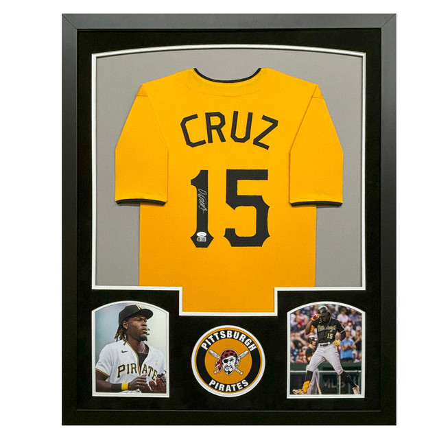Oneil Cruz Signed Pittsburgh Yellow Custom Suede Matte Framed Baseball Jersey (JSA) Oneil Cruz Signed Pittsburgh Yellow Custom Suede Matte Framed Baseball Jersey (JSA)