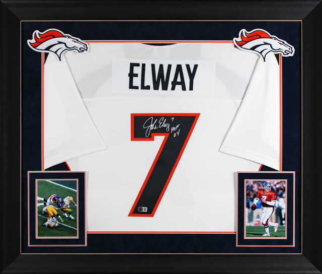 Broncos John Elway "HOF 04" Signed White 1998 M&N TB Framed Jersey BAS Witness Broncos John Elway "HOF 04" Signed White 1998 M&N TB Framed Jersey BAS Witness