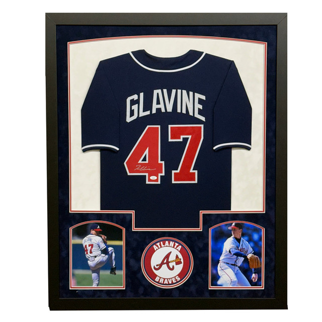 Tom Glavine Signed Atlanta Navy Custom Suede Matte Framed Baseball Jersey (JSA) Tom Glavine Signed Atlanta Navy Custom Suede Matte Framed Baseball Jersey (JSA)