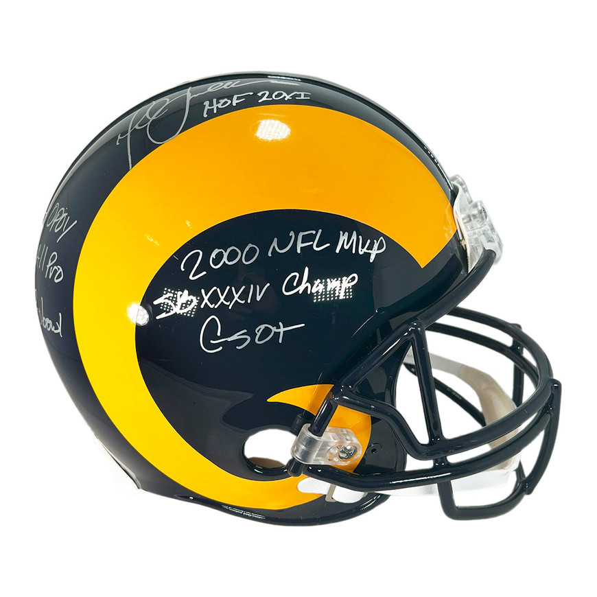 Marshall Faulk Signed Multi-Inscription St. Louis Rams Throwback 81-99 Authentic Full-Size Football Helmet Silver Ink (JSA) - Marshall Faulk Signed Multi-Inscription St. Louis Rams Throwback 81-99 Authentic Full-Size Football Helmet Silver Ink (JSA) -