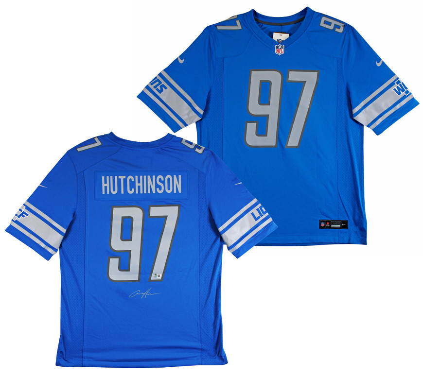 Lions Aidan Hutchinson Signed Blue Nike Game Jersey w/ Silver Sig