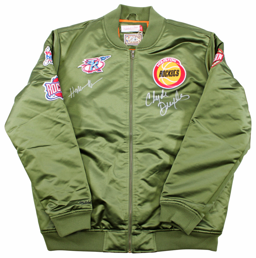 Rockets Hakeem Olajuwon & Clyde Drexler Signed Green M&N Bomber