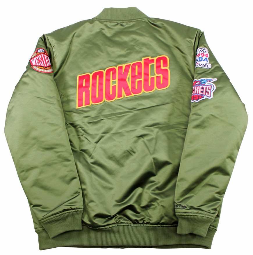 Rockets Hakeem Olajuwon & Clyde Drexler Signed Green M&N Bomber