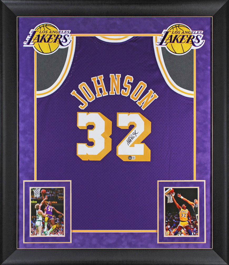 Lakers Magic Johnson Signed 1984-85 M&N HWC Swingman Purple Framed