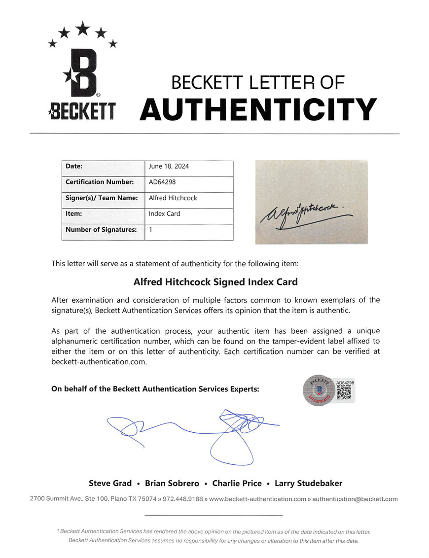 Alfred Hitchcock The Birds Authentic Signed 3x5 Index Card BAS