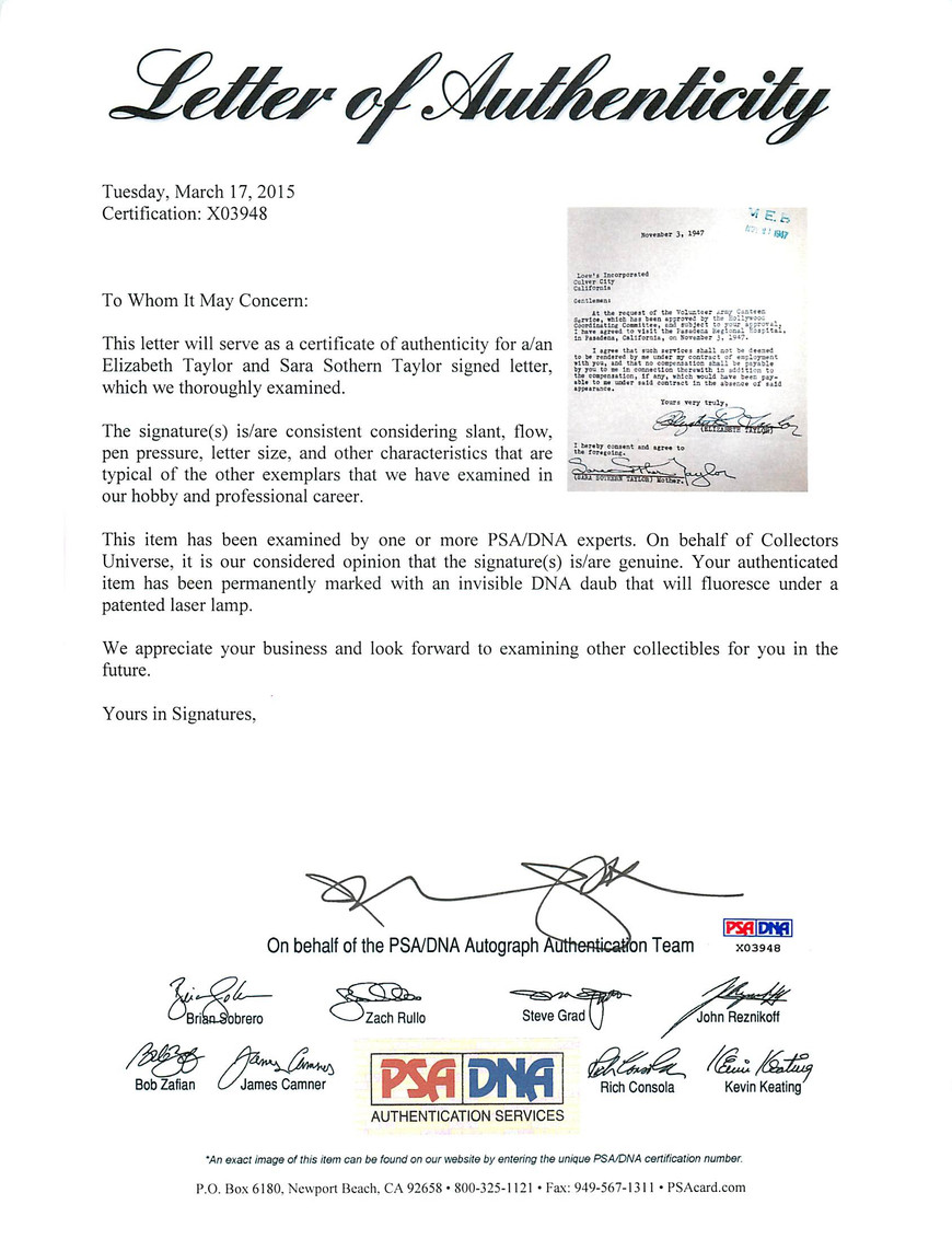 Elizabeth Taylor Signed 8.5x11 Letter Dated November 3rd 1947 PSA